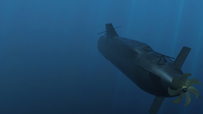 Still from underwater CGI animated video of Vidar-36 SSK Submarine for marketing