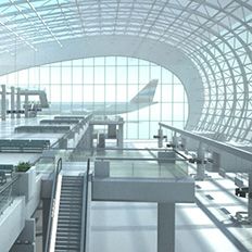 3D Rendered image of airport terminal for Shell product concept